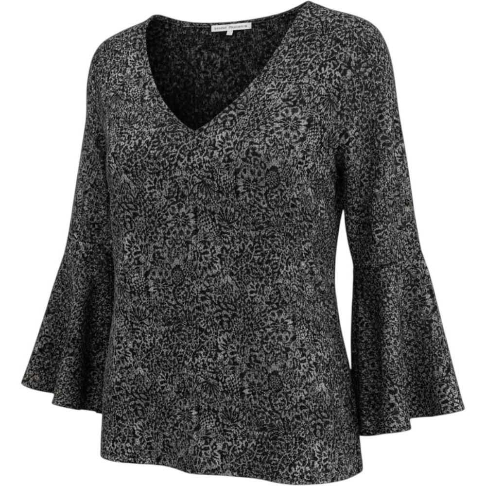 Violet + Claire Women 2X Black White Floral V-Neck Bell Sleeve Blouse Top